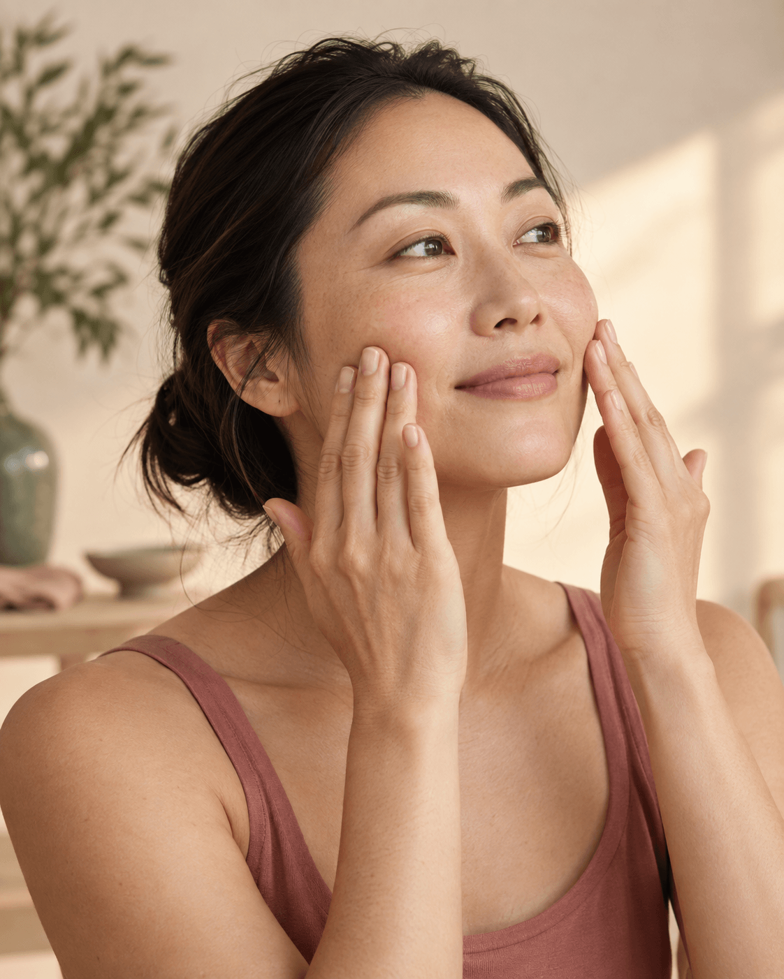Woman practicing an upward cheek massage at home