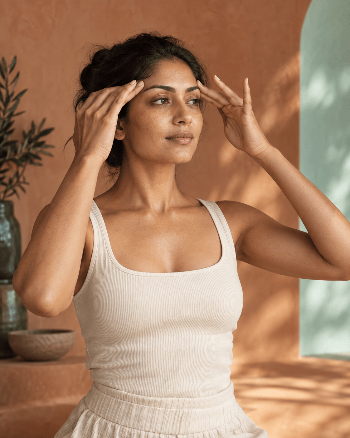 Woman practicing a calm temple-release movement